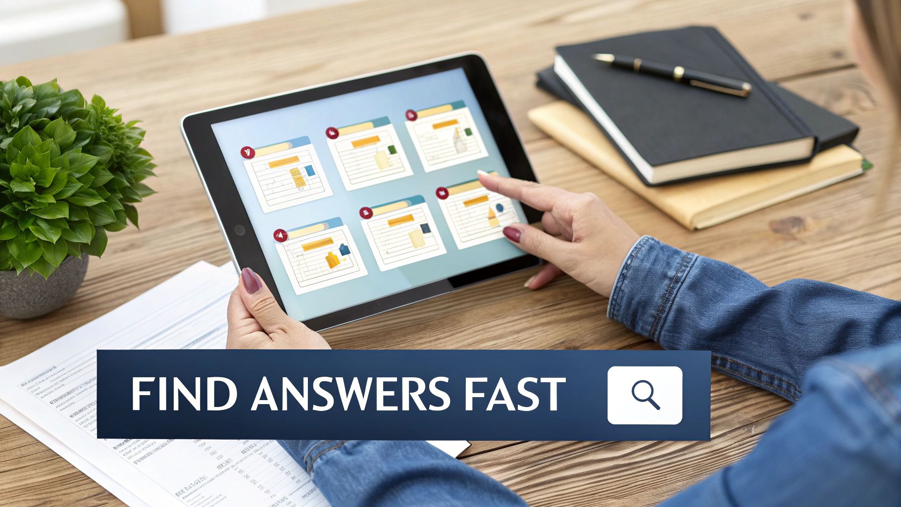 A person uses a tablet displaying a knowledge base interface, with a 'FIND ANSWERS FAST' banner.