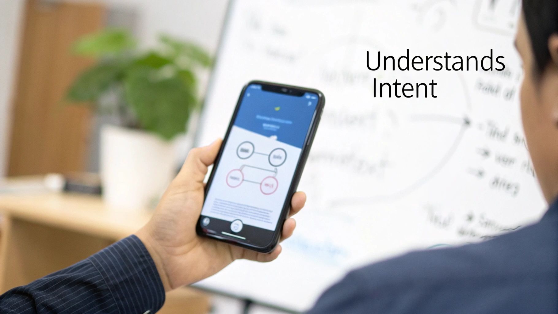 Person holding smartphone displaying chatbot interface with connection diagrams understanding user intent