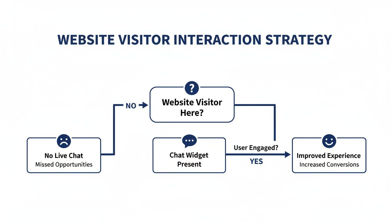 Flowchart illustrating a website visitor interaction strategy, highlighting the benefits of a chat widget for conversions.