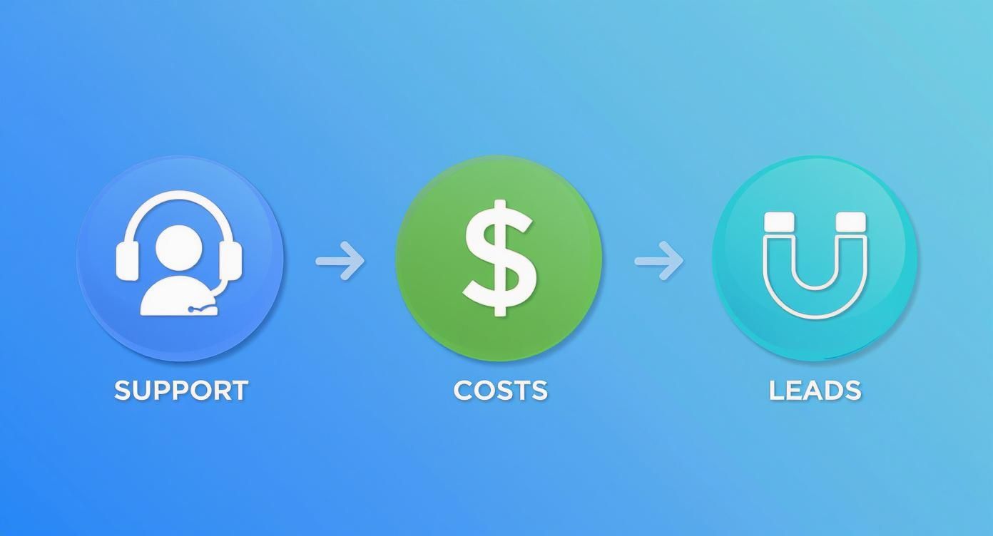 Diagram showing customer support leading to costs, then costs generating new business leads.