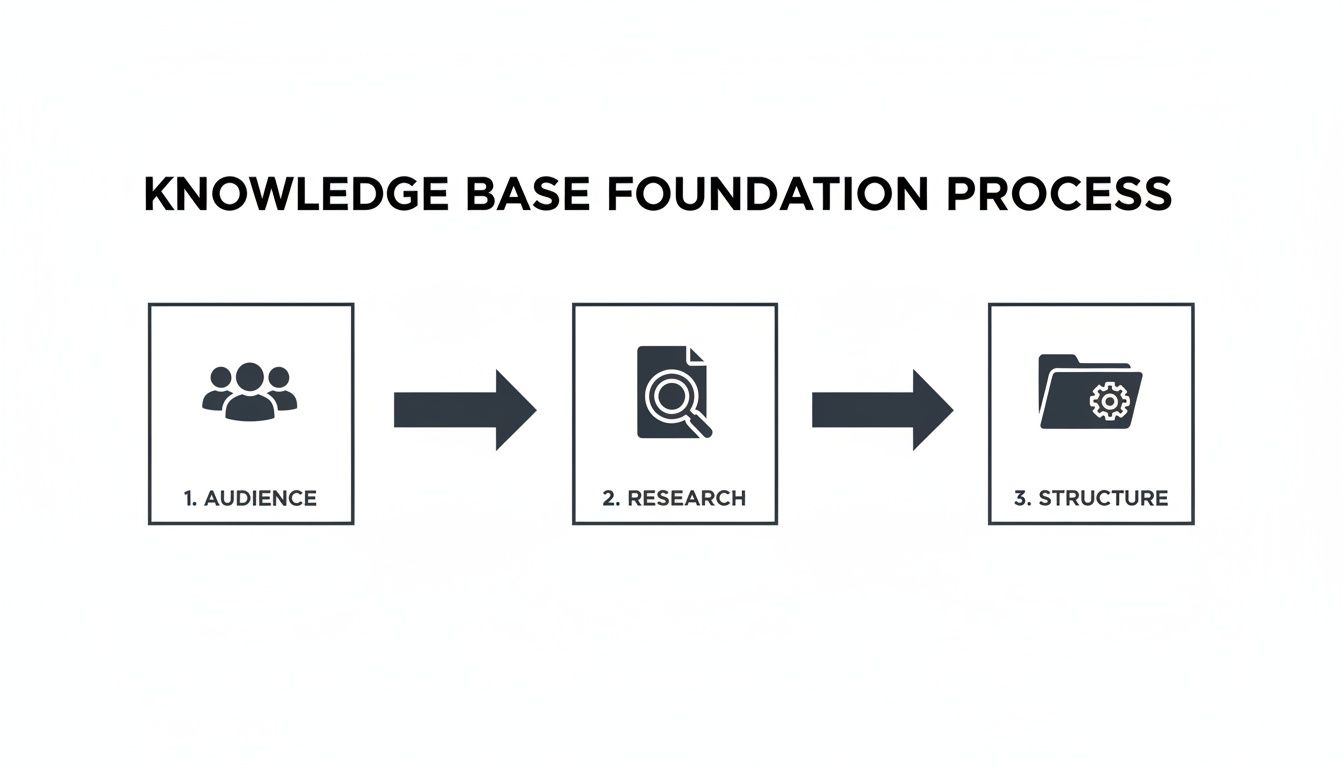 A visual diagram outlining the three-step knowledge base foundation process: audience, research, structure.