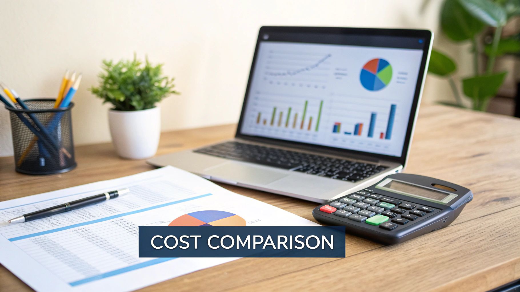 A desk setup with a laptop showing financial charts, calculator, documents, and office supplies, with 'COST COMPARISON' overlay.