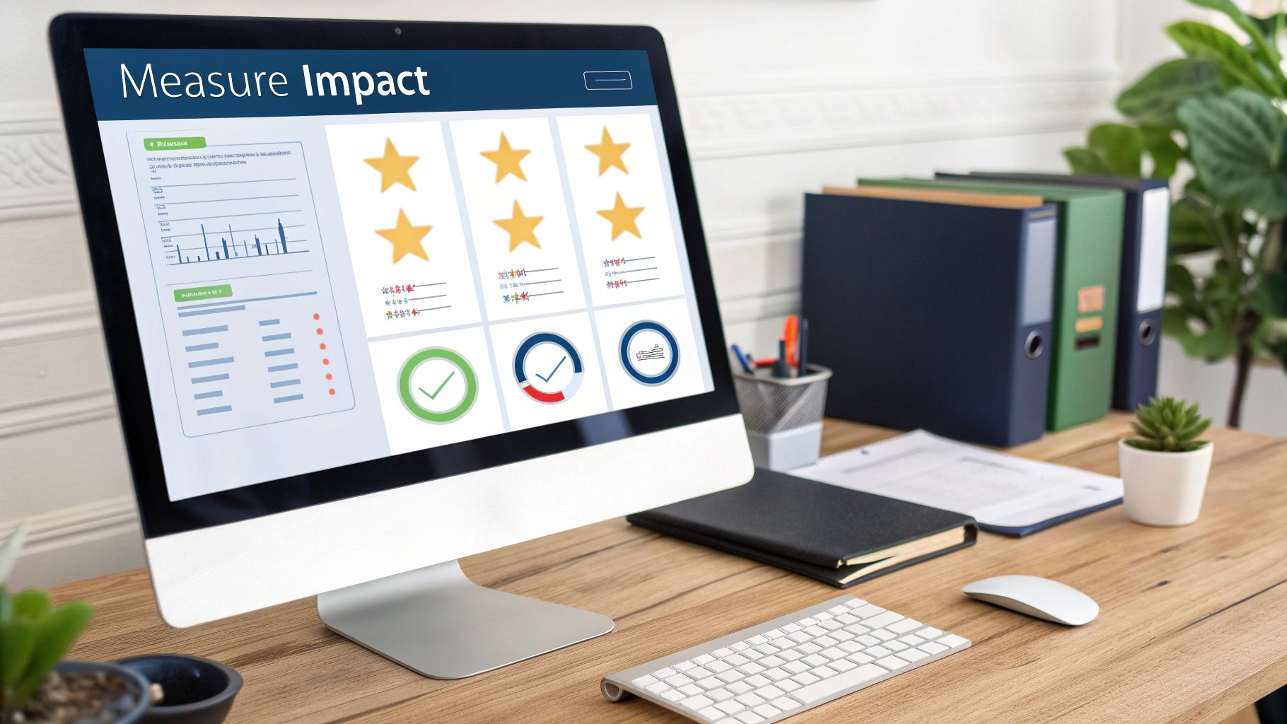 A computer screen displaying a 'Measure Impact' dashboard with charts and ratings on a wooden office desk.