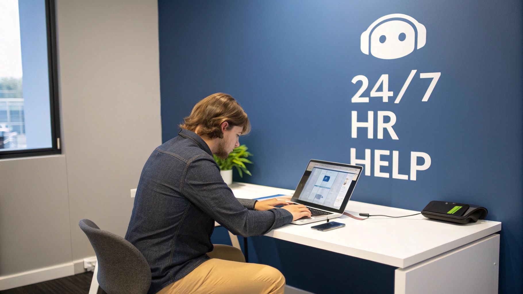 Man working on a laptop at a desk with a '24/7 HR HELP' sign on the blue wall.