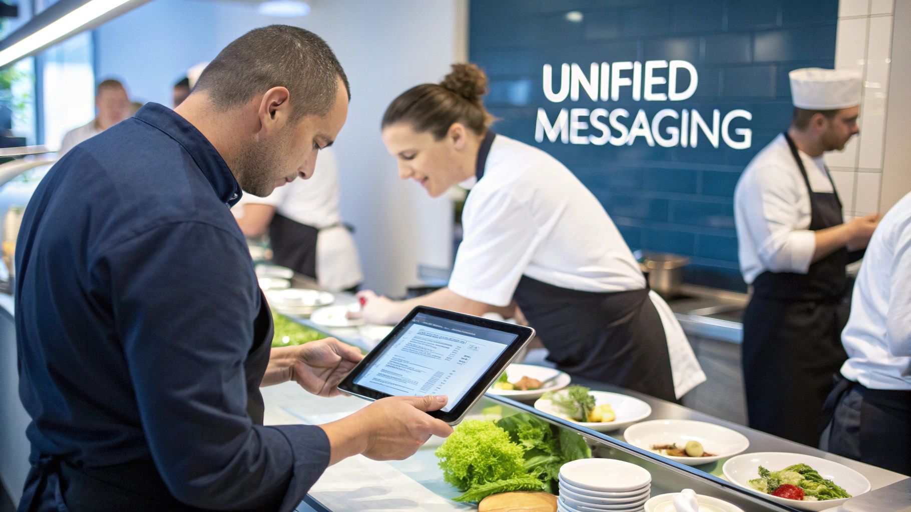 A chef reviews a digital menu on a tablet in a busy professional kitchen environment.