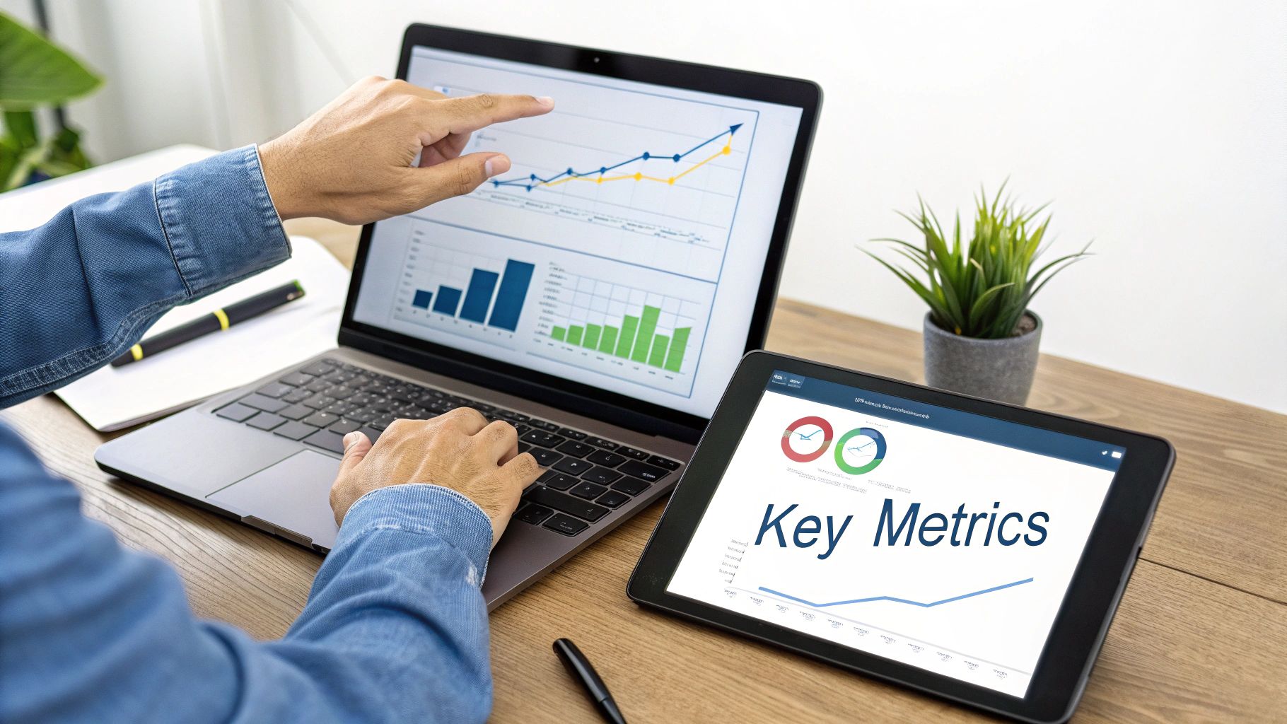 Person analyzing business performance data on a laptop and tablet with various charts.