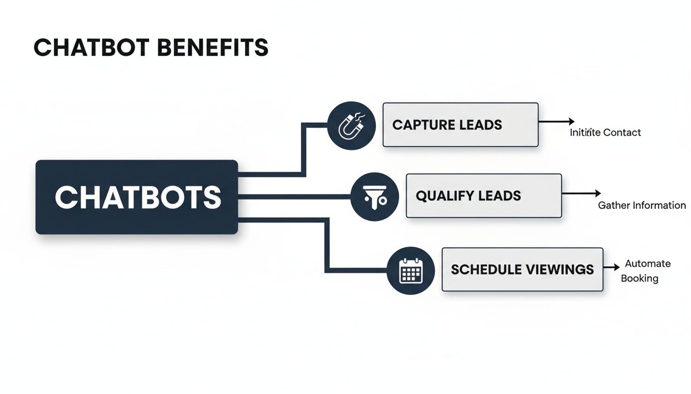 A diagram illustrating the benefits of chatbots for capturing and qualifying leads, and scheduling viewings.