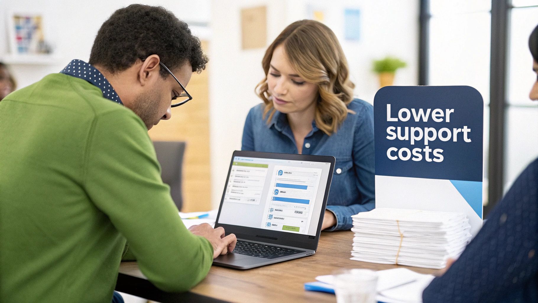 Two colleagues discuss business on a laptop, highlighting lower support costs with a display sign.