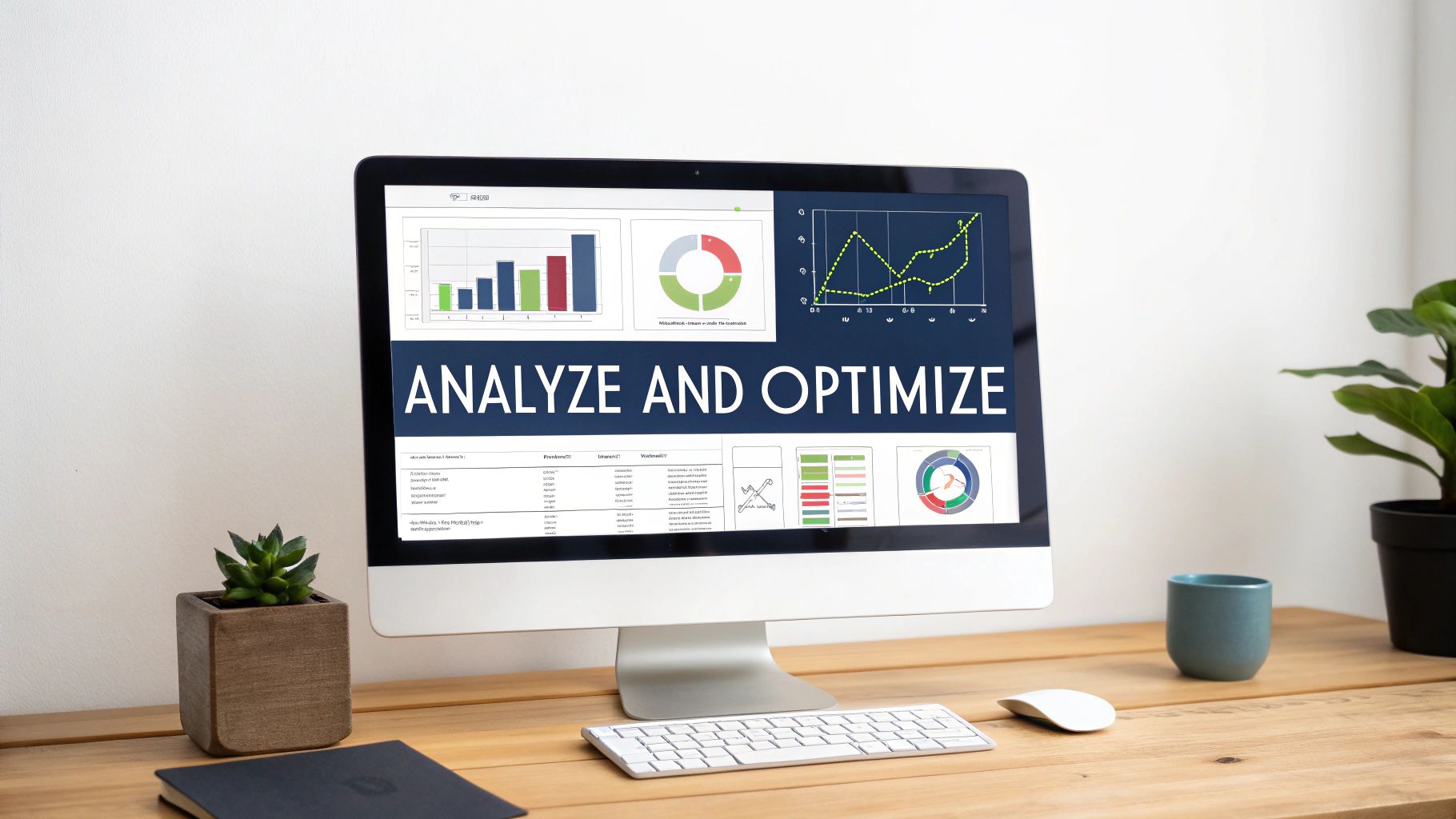 A desktop computer screen displays a business dashboard with charts, graphs, and 'ANALYZE AND OPTIMIZE' text.