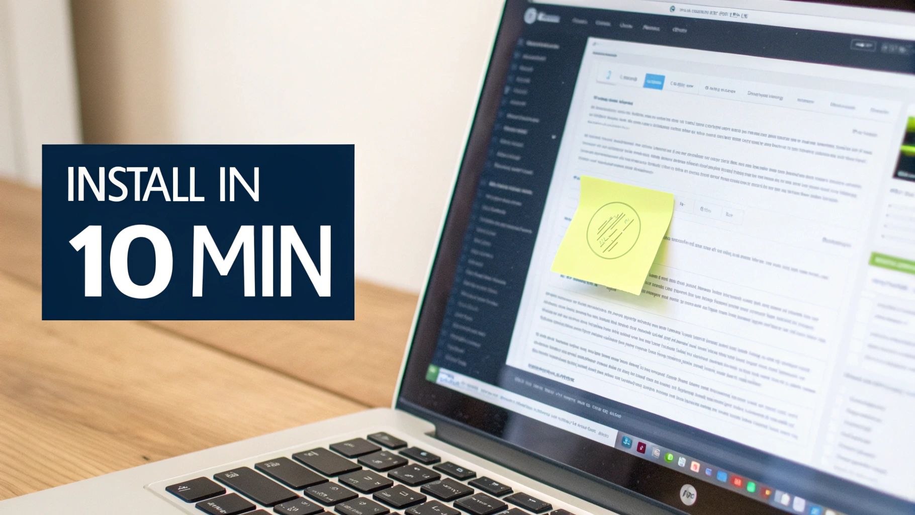 A laptop displaying a website with a yellow sticky note, overlaid by a graphic saying 'INSTALL IN 10 MIN'.