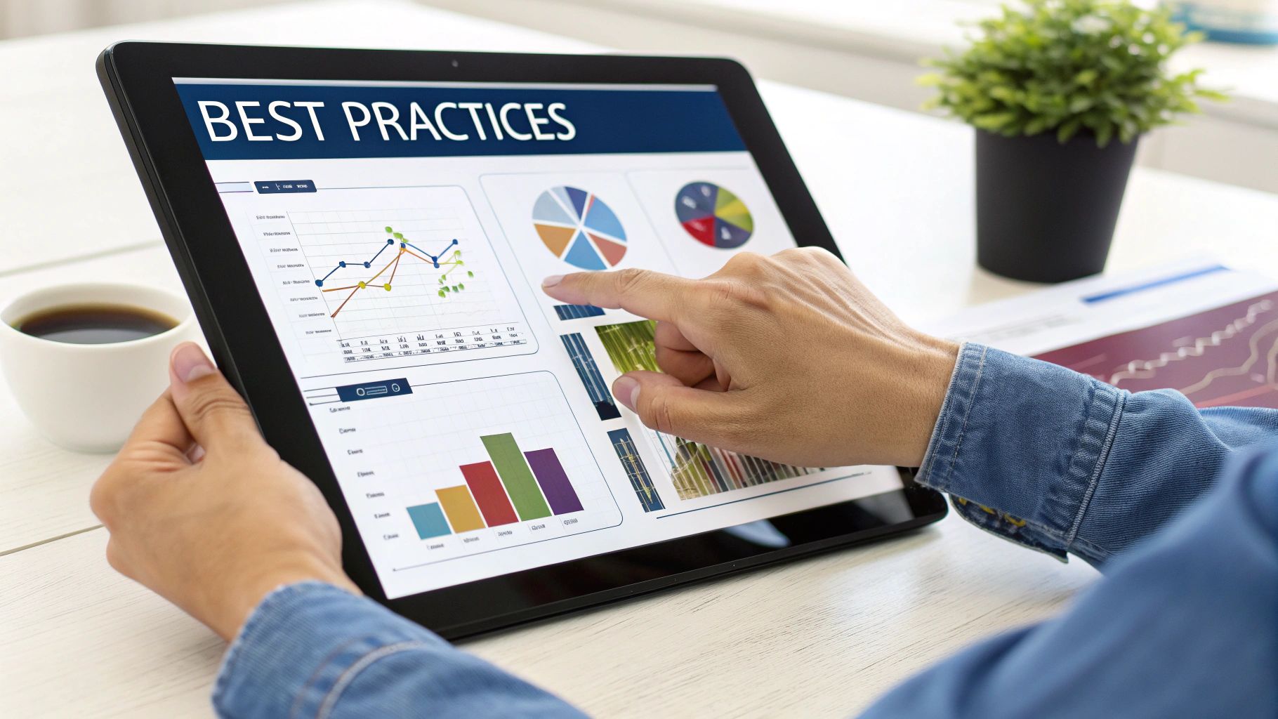 Person's hands interacting with a tablet displaying 'BEST PRACTICES' and various business charts.