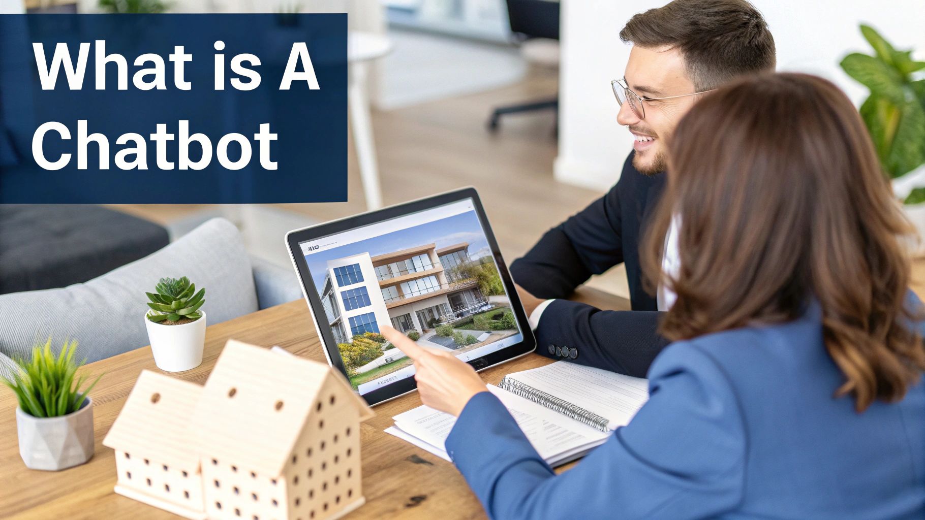 A modern real estate agent using a tablet with a chatbot interface, showing property listings and client information.