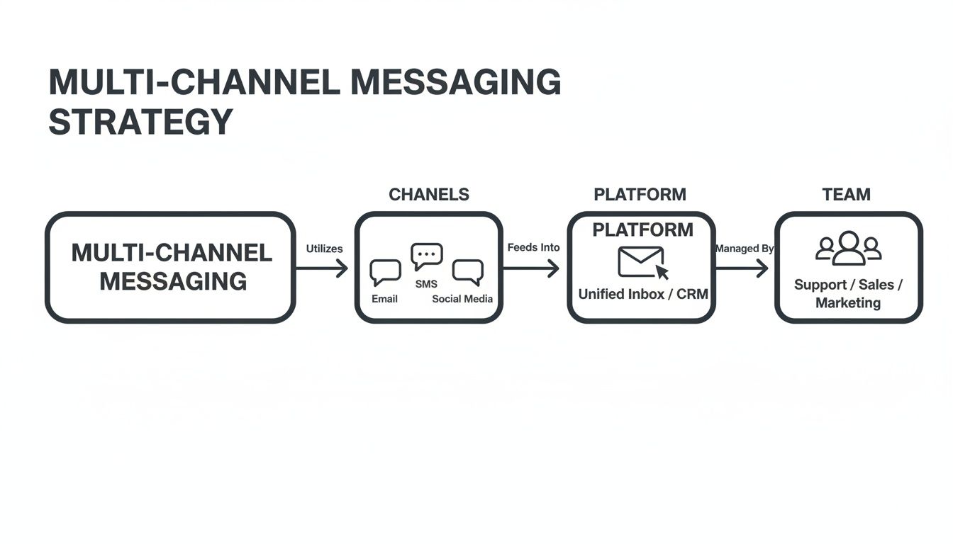 Flowchart illustrating a multi-channel messaging strategy, showing channels, a unified platform, and the managing team.