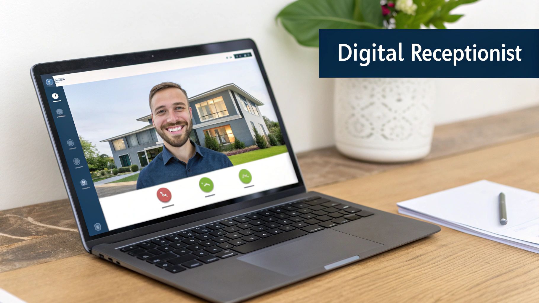 A real estate agent showing a modern house on a tablet, with chatbot icons floating around them, symbolizing digital assistance.