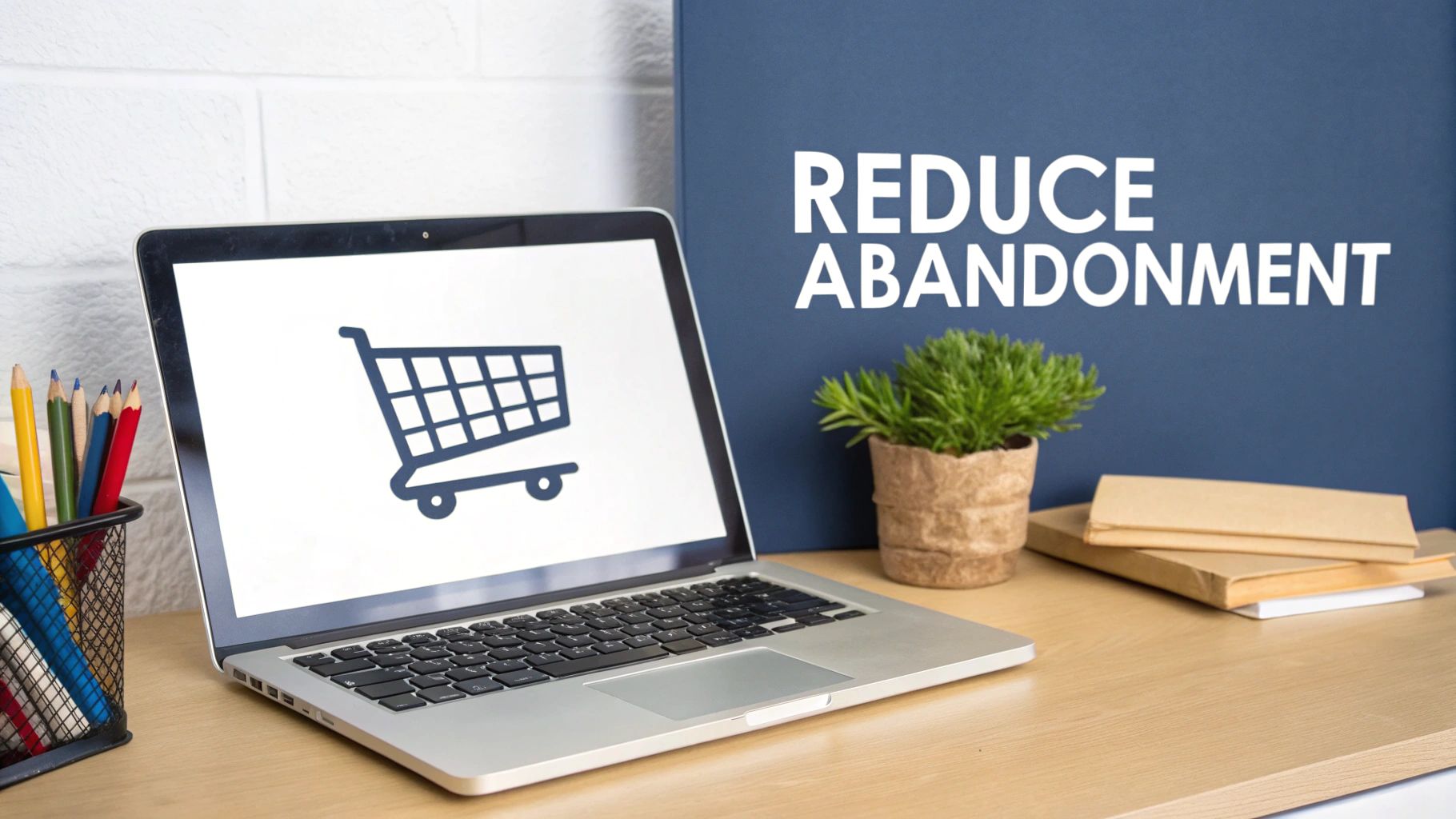 Laptop displaying shopping cart icon on desk with reduce abandonment text on wall
