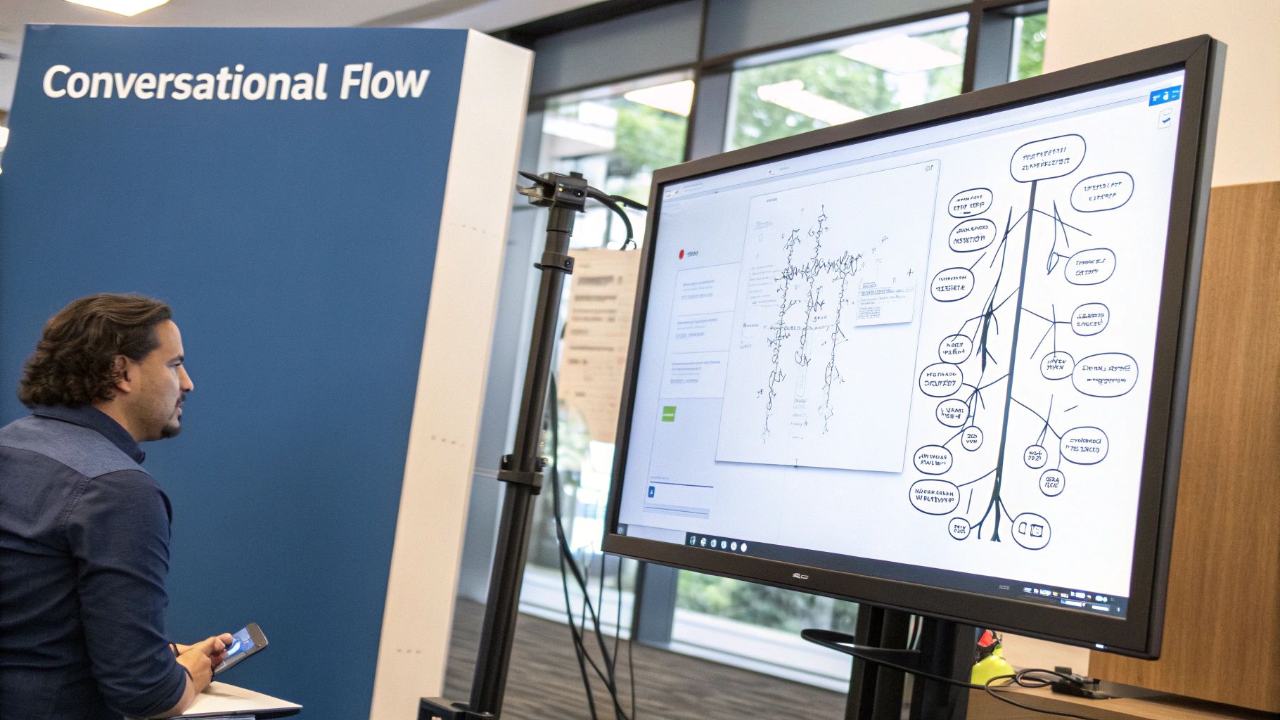 An illustration showing a person refining an AI chatbot's responses.