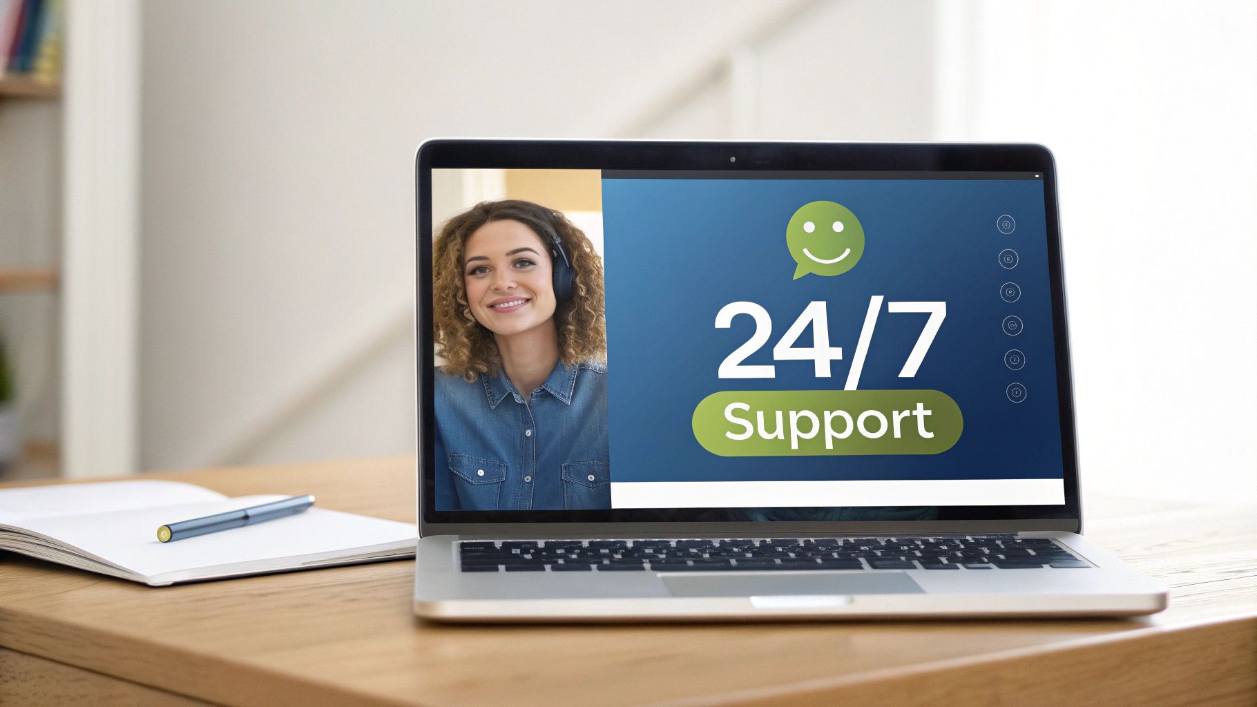Laptop displaying 24/7 customer support service with friendly representative and chat bubble icon