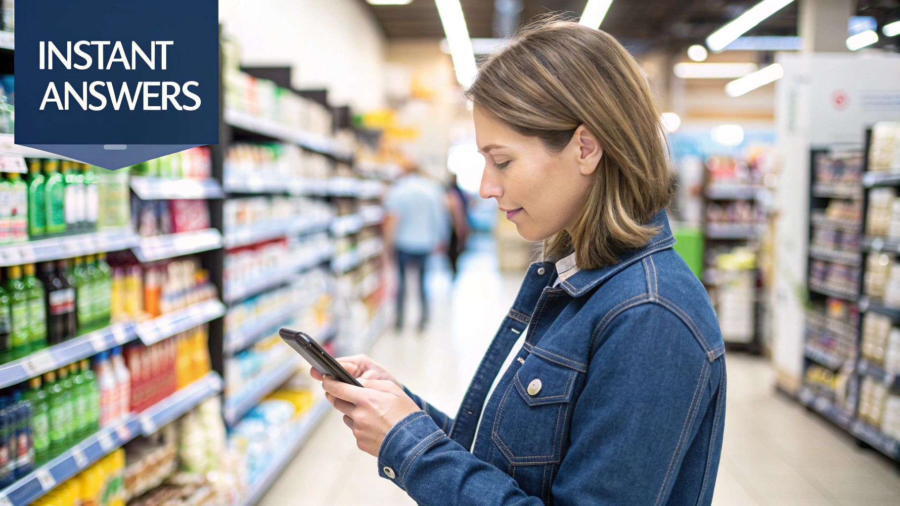 A woman in a supermarket aisle uses her smartphone, with an 'Instant Answers' overlay.
