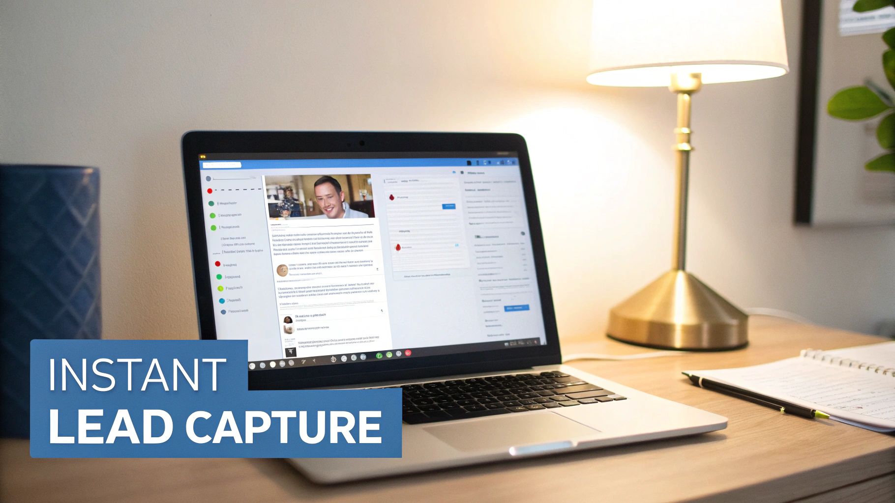 A laptop on a wooden desk displaying a chat interface for instant lead capture, alongside a lamp and notebook.