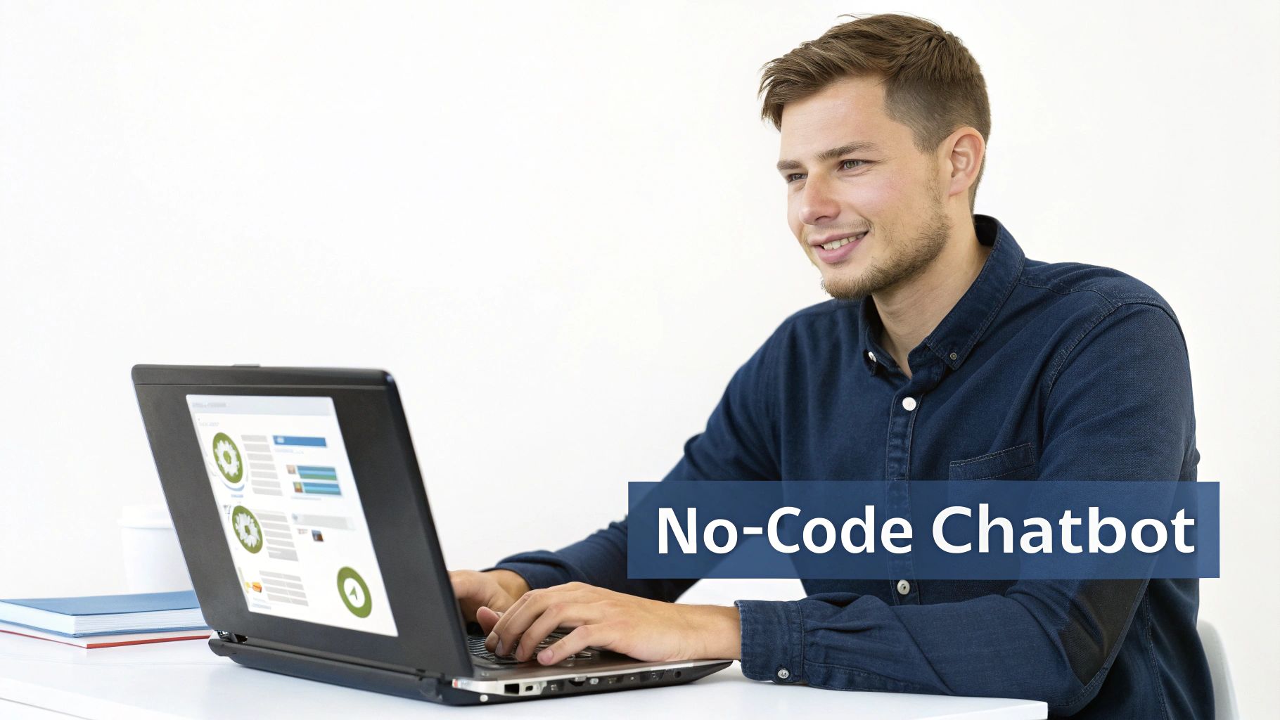 A person interacting with a chatbot on a laptop, symbolizing the ease of no-code chatbot creation.