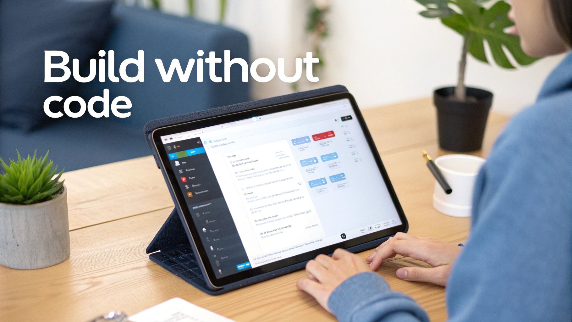 A person using a tablet to build an application on a no-code platform, emphasizing ease of use.