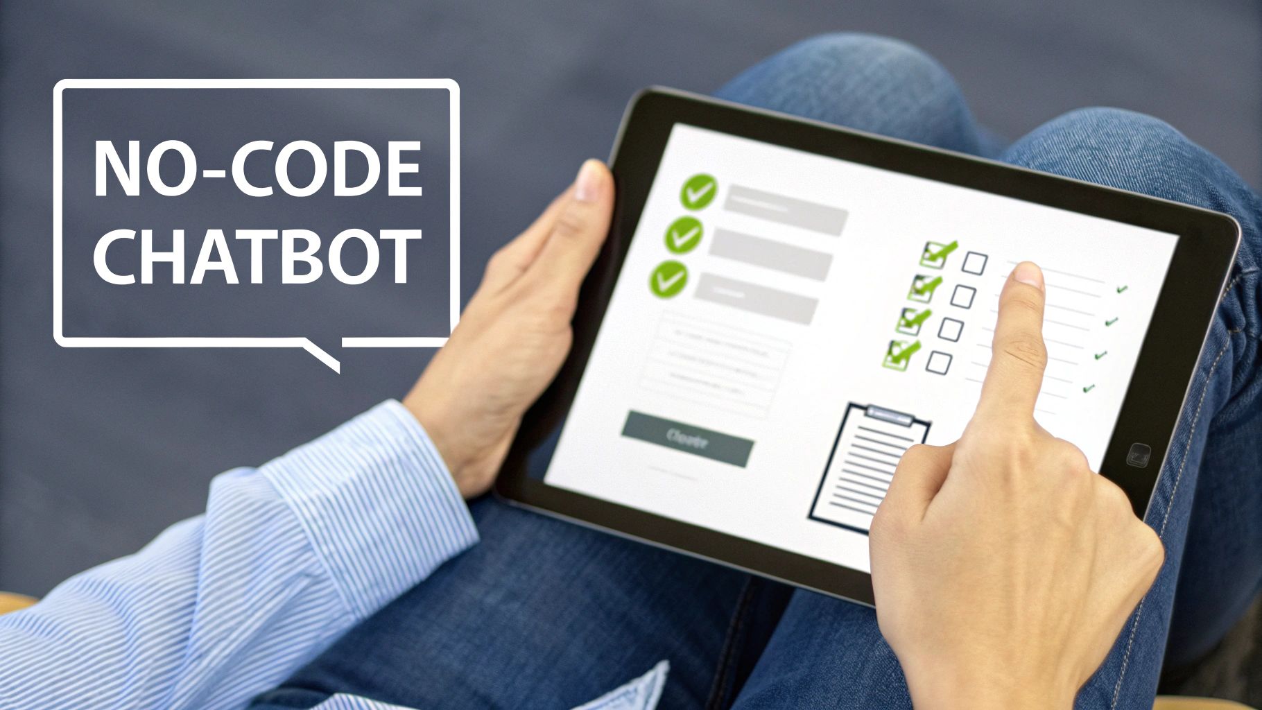 Person interacts with a tablet showing a digital form, beside a 'NO-CODE CHATBOT' speech bubble.