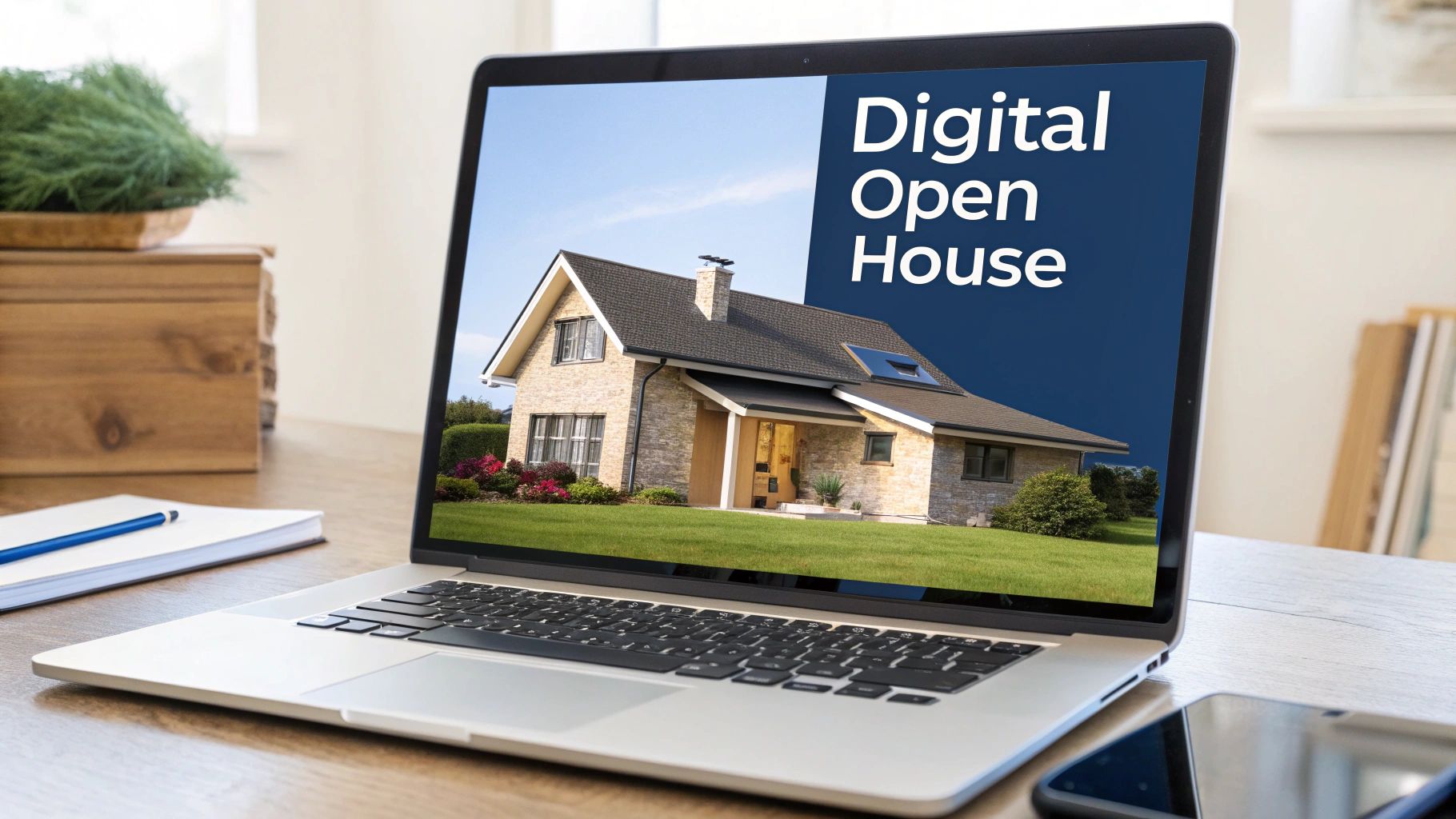 A friendly chatbot icon in a modern home, symbolizing a digital concierge for real estate.