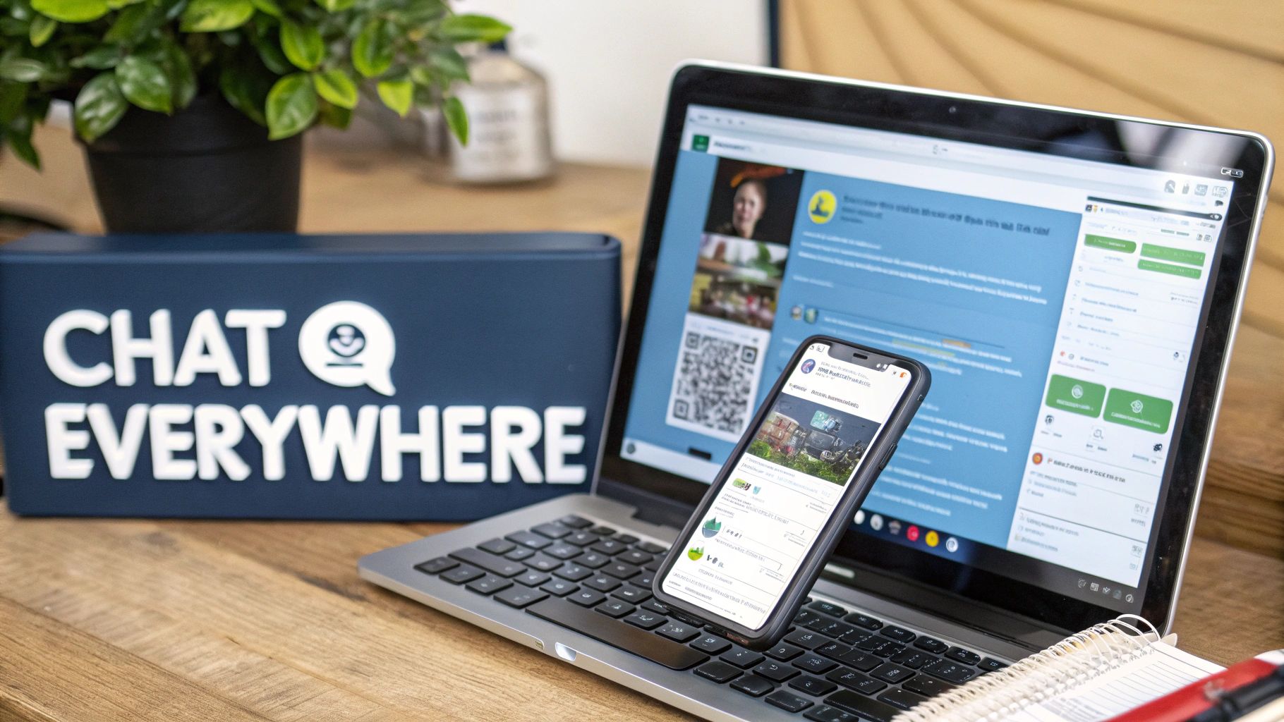 A laptop and smartphone display chat interfaces, with a 'CHAT EVERYWHERE' box on a wooden desk.