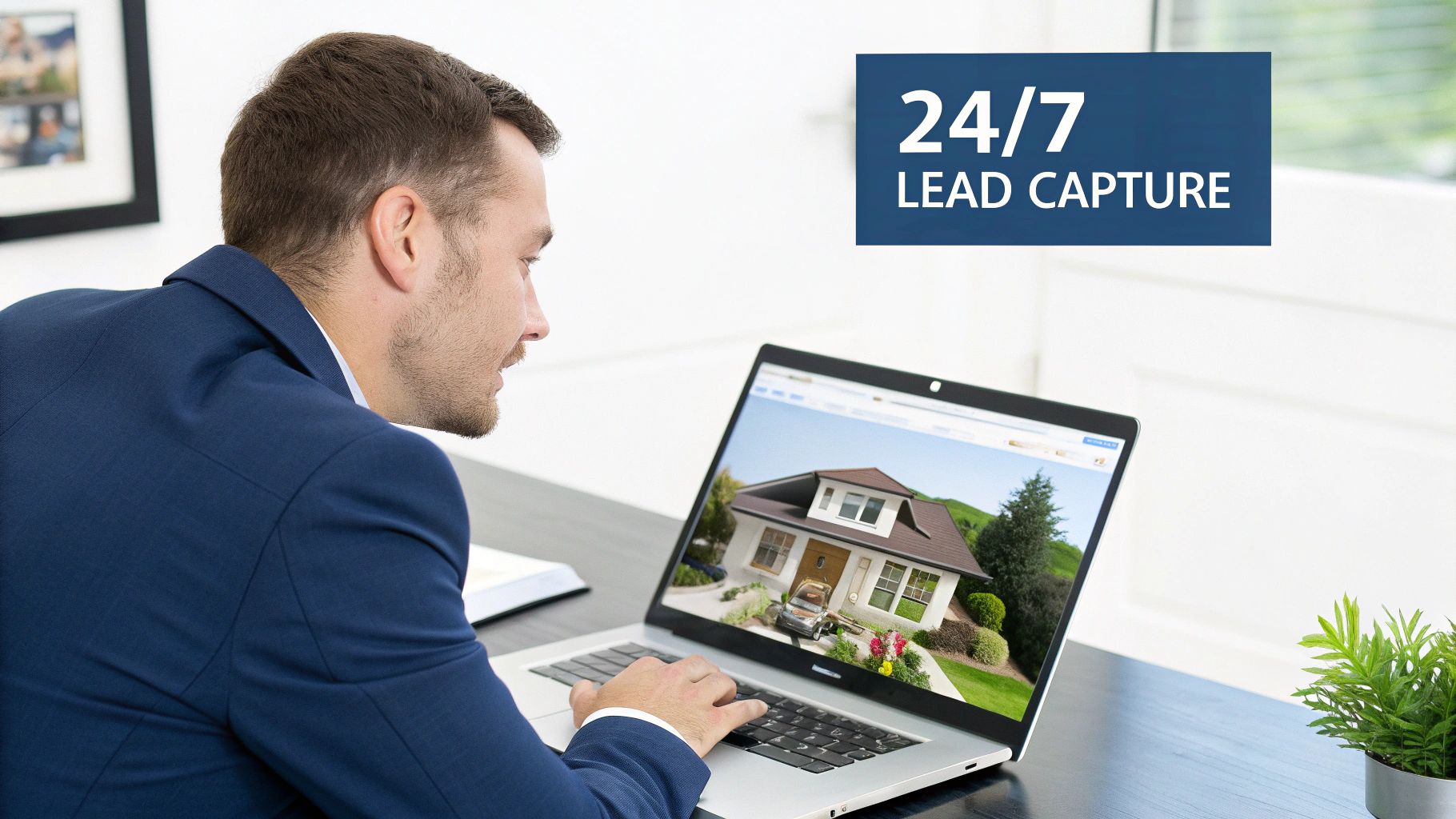 A man viewing a house on a laptop, with text "24/7 LEAD CAPTURE" suggesting real estate services.