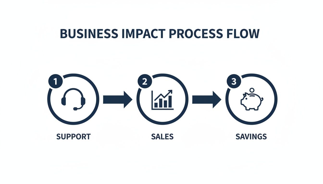 A business impact flow chart illustrating support, leading to sales growth, and financial savings.