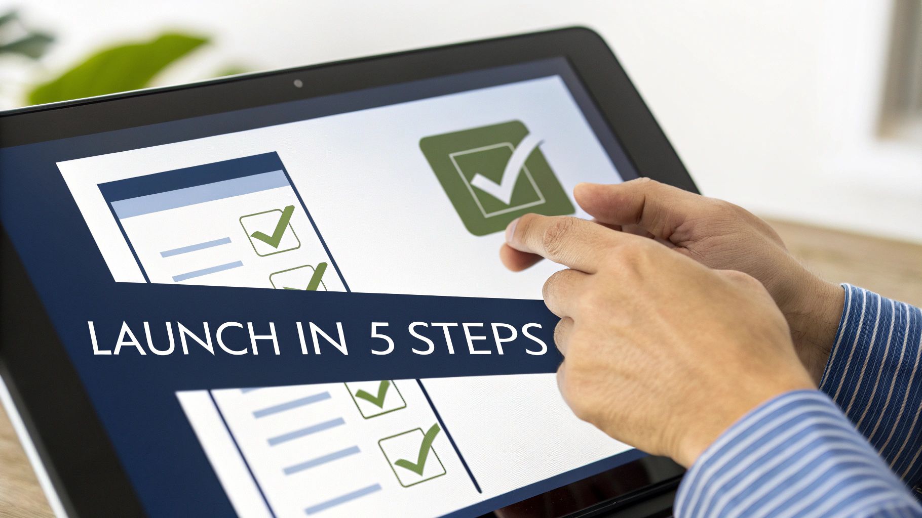 A person's hands tapping a tablet screen displaying 'LAUNCH IN 5 STEPS' and checkmark icons.
