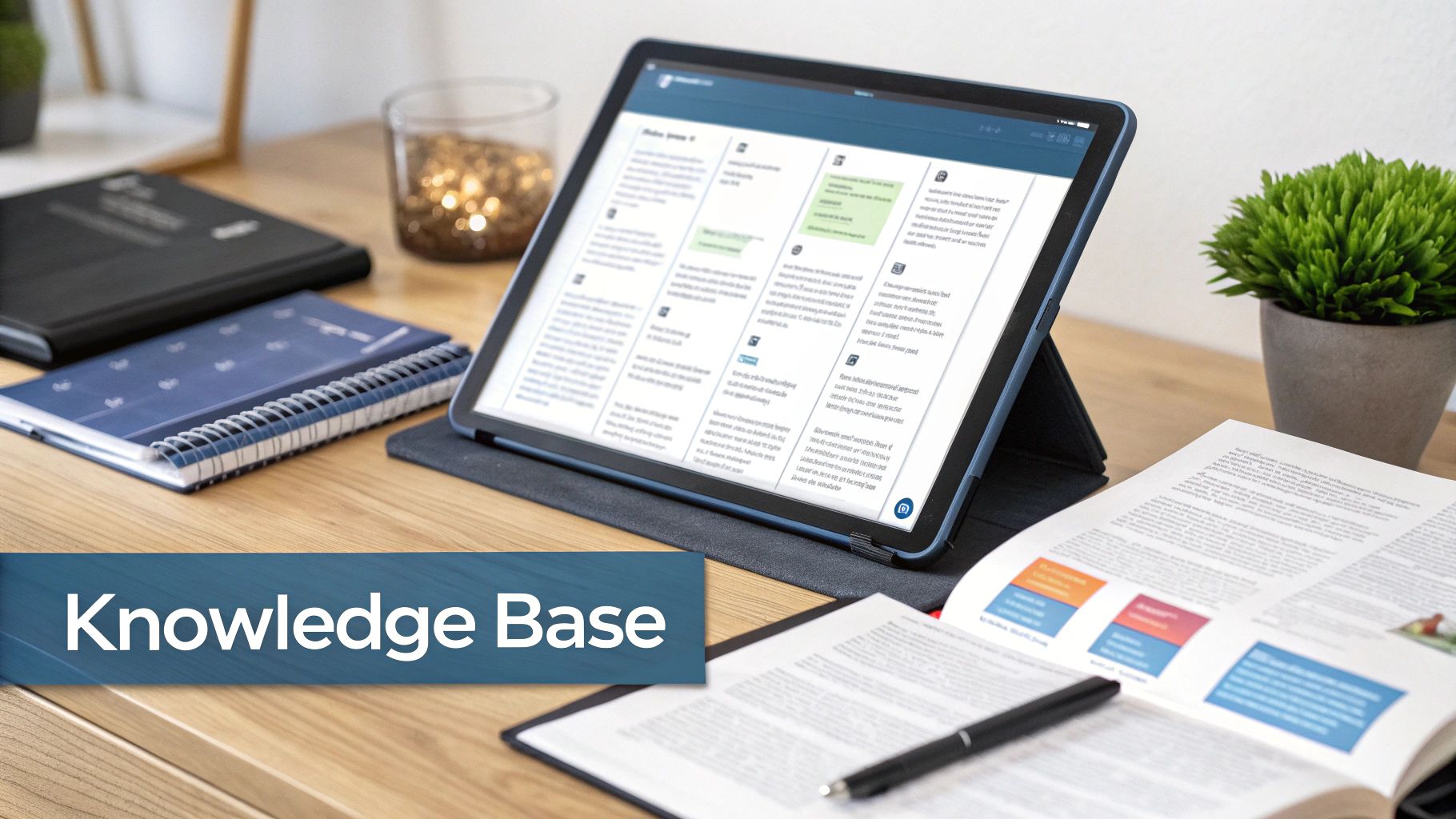 A tablet displaying a digital knowledge base with organized information, on a desk with notebooks and a pen.