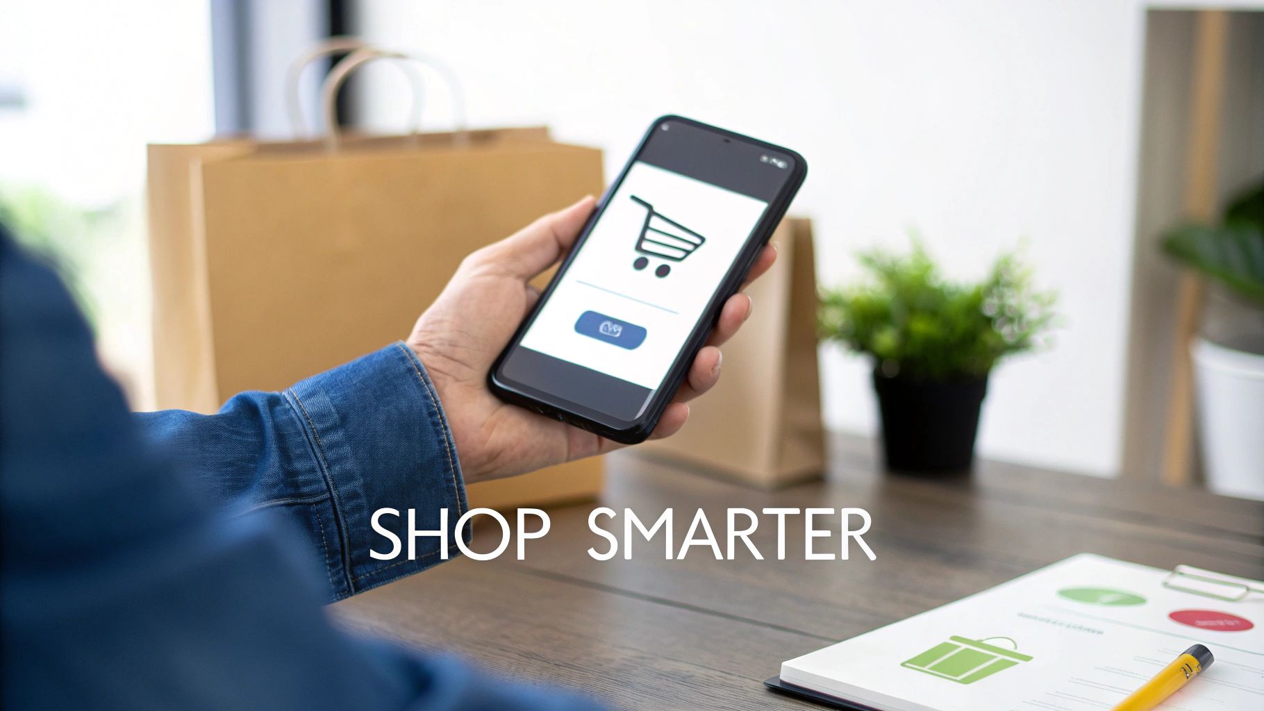 A person holds a smartphone with a shopping cart icon, symbolizing smart online shopping.