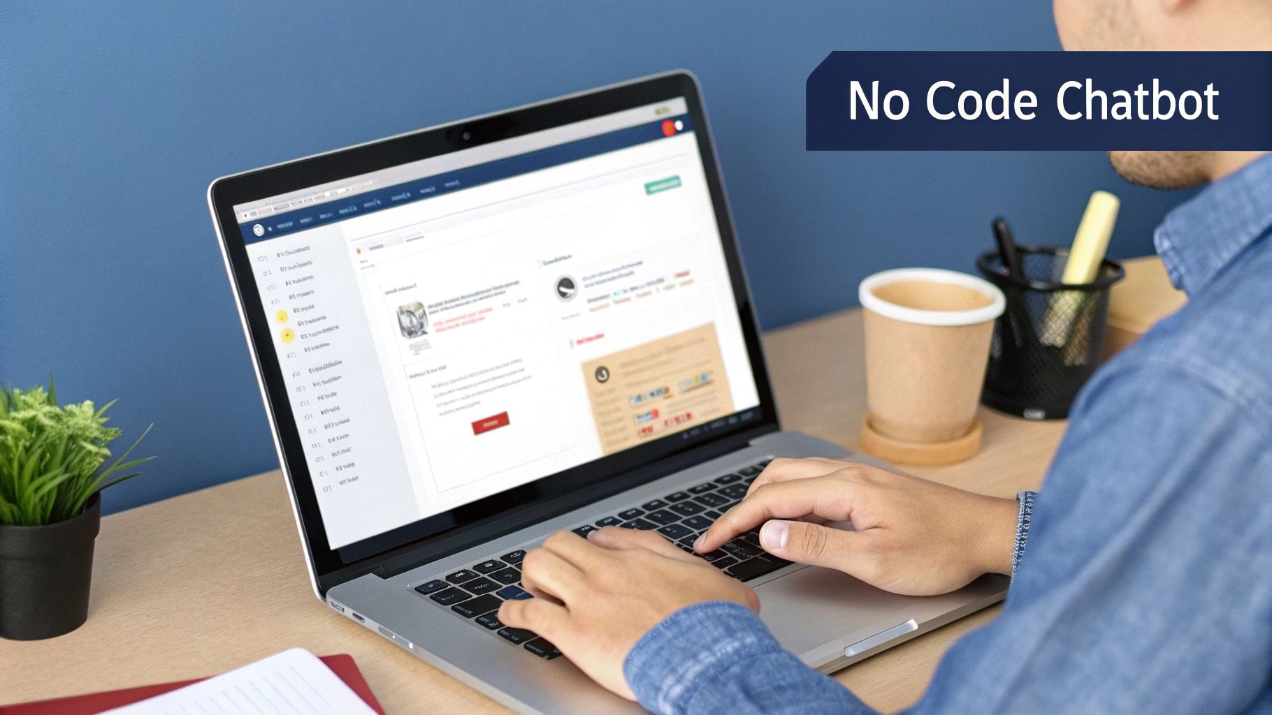 A person designing a chatbot conversation flow on a computer screen using a visual drag-and-drop interface.