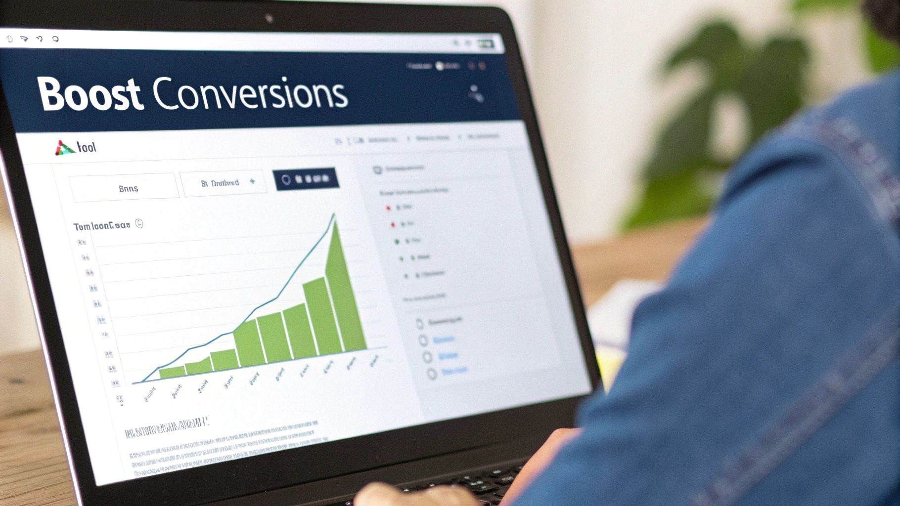 Person viewing business analytics dashboard showing conversion rate growth chart with green bars and trend line