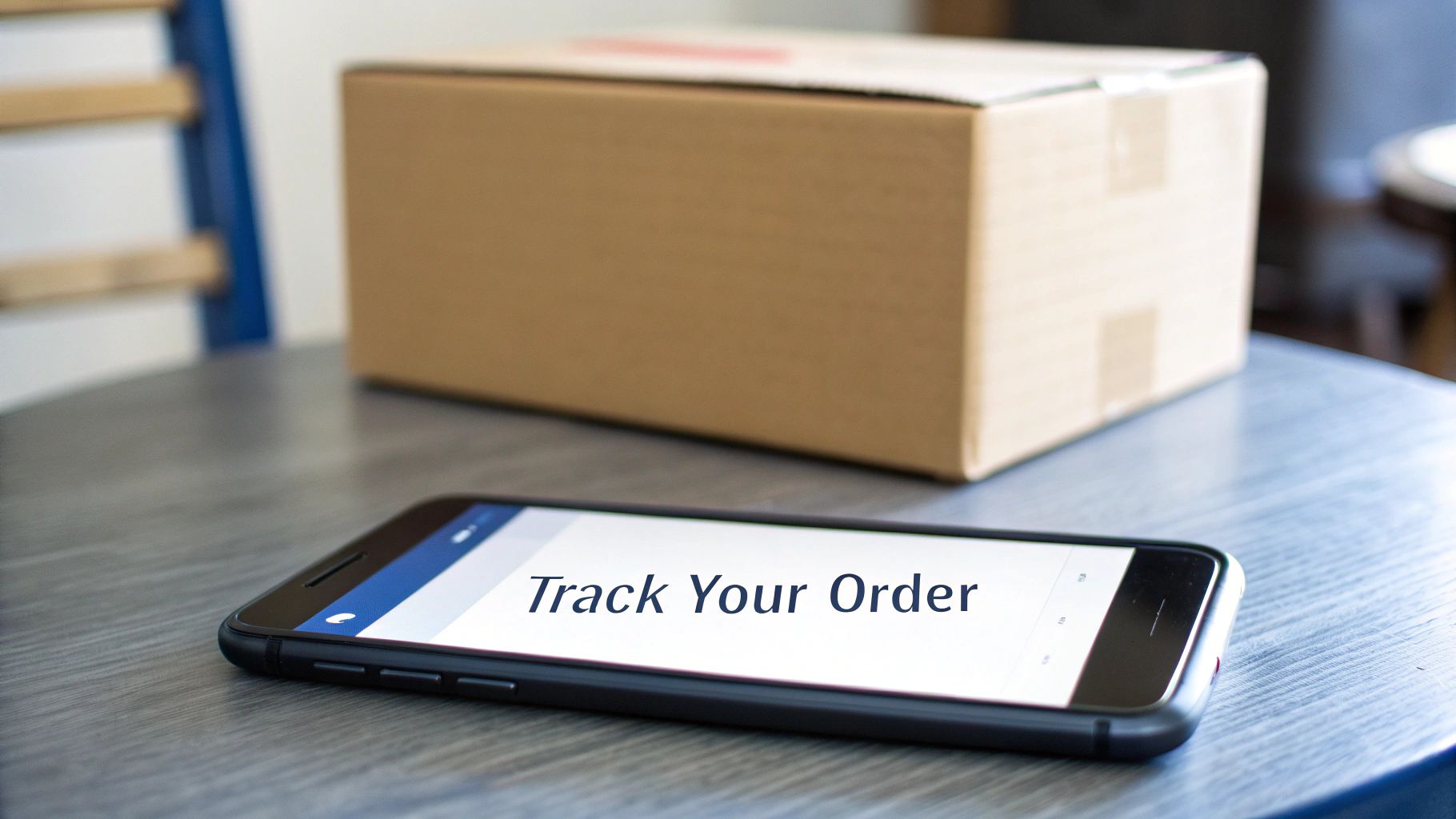 A smartphone displaying 'Track Your Order' on a table with a cardboard box in the background.