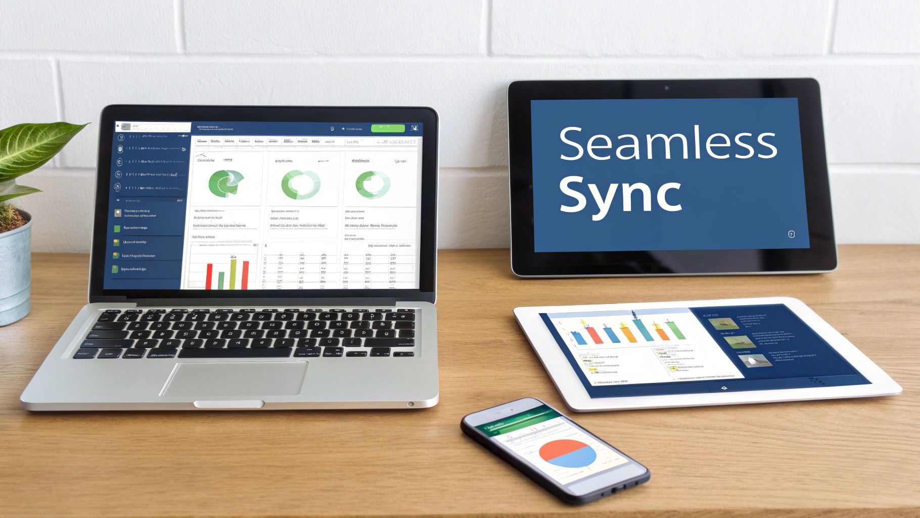 Digital devices showcasing business data, charts, and a 'Seamless Sync' message across platforms.