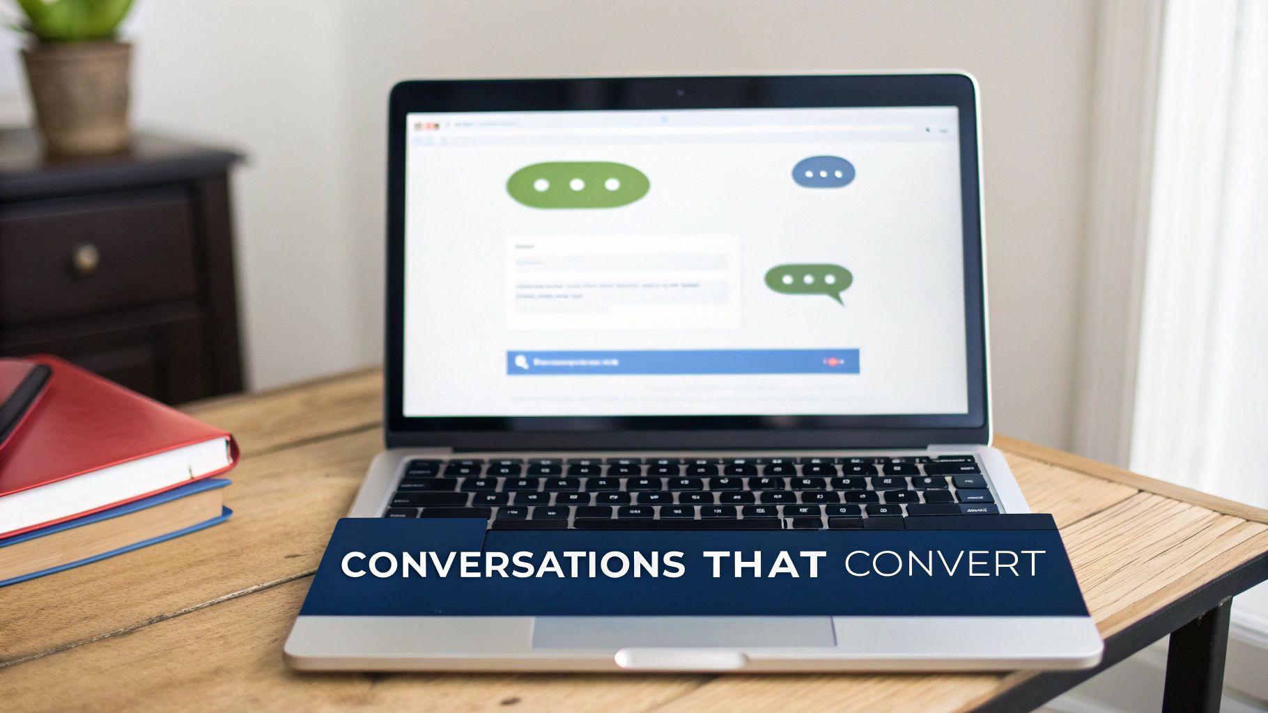 Laptop on a wooden desk displaying a chat interface and text 'CONVERSATIONS THAT CONVERT'.