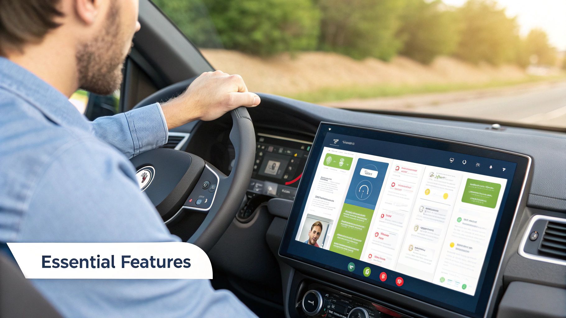 A person using a drag-and-drop interface on a laptop to build a chatbot flow, surrounded by icons representing features like analytics and integrations.