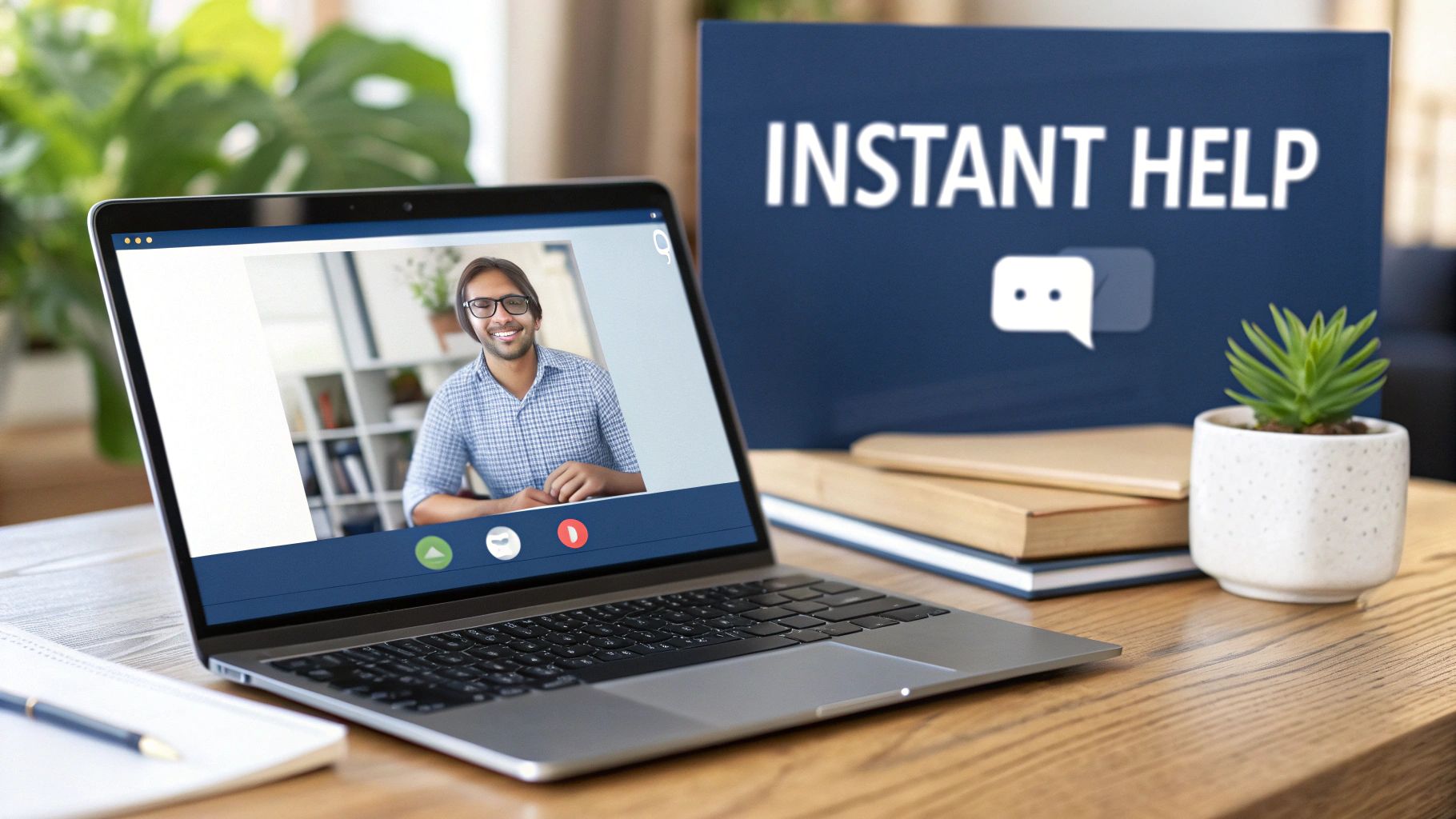 A laptop on a wooden desk showing a video call with a smiling man, next to an 'INSTANT HELP' sign with a chat icon.
