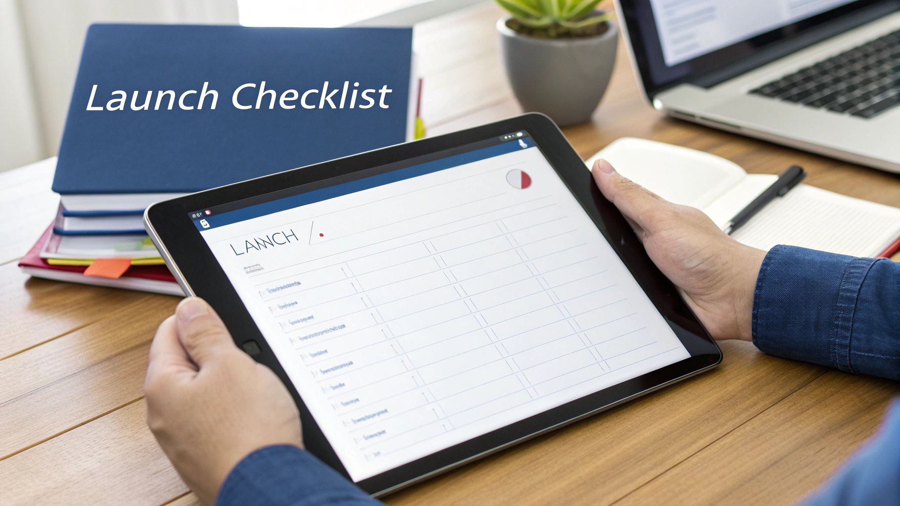 A person holds a tablet displaying a 'LAUNCH' checklist, with books and a laptop nearby on a wooden desk.