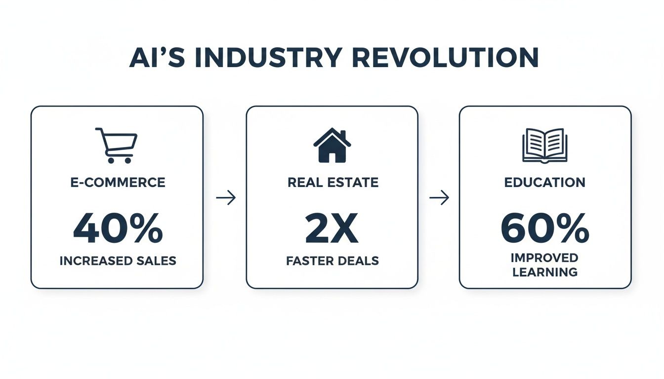 AI's industry revolution: 40% increased e-commerce sales, 2X faster real estate deals, 60% improved education learning.