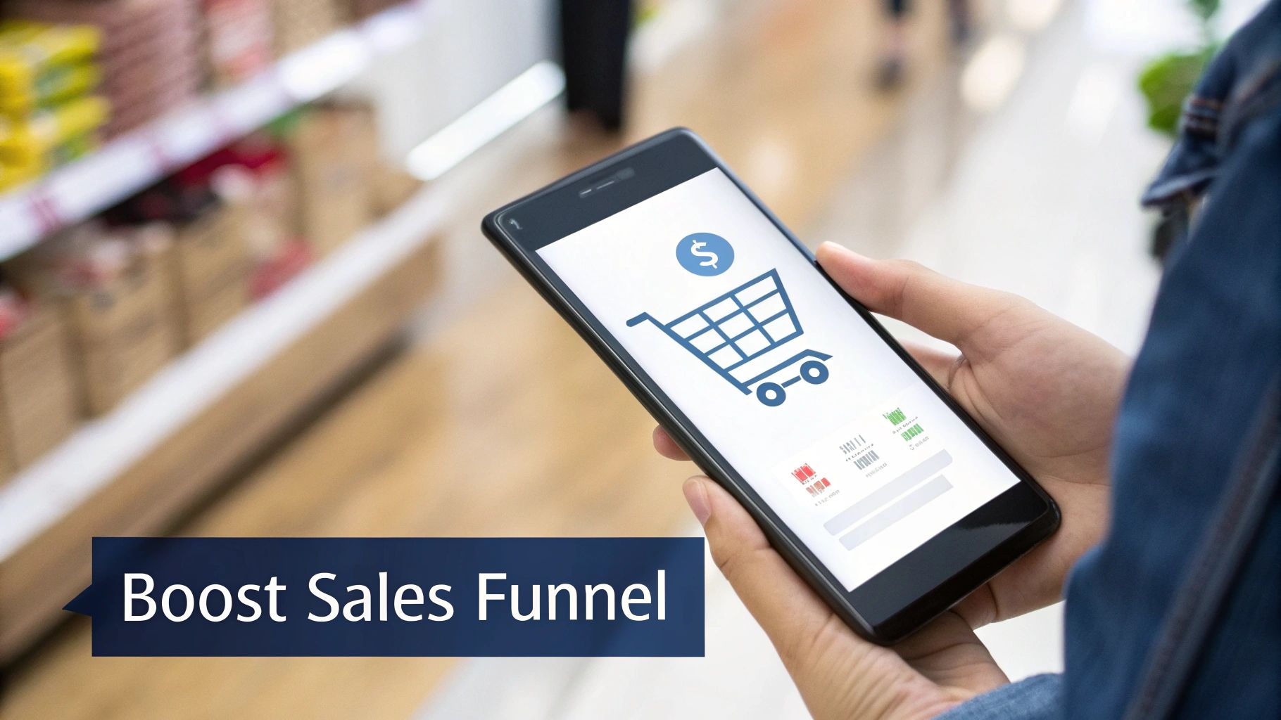 Hands holding a smartphone displaying a shopping cart icon and 'Boost Sales Funnel' text overlay.
