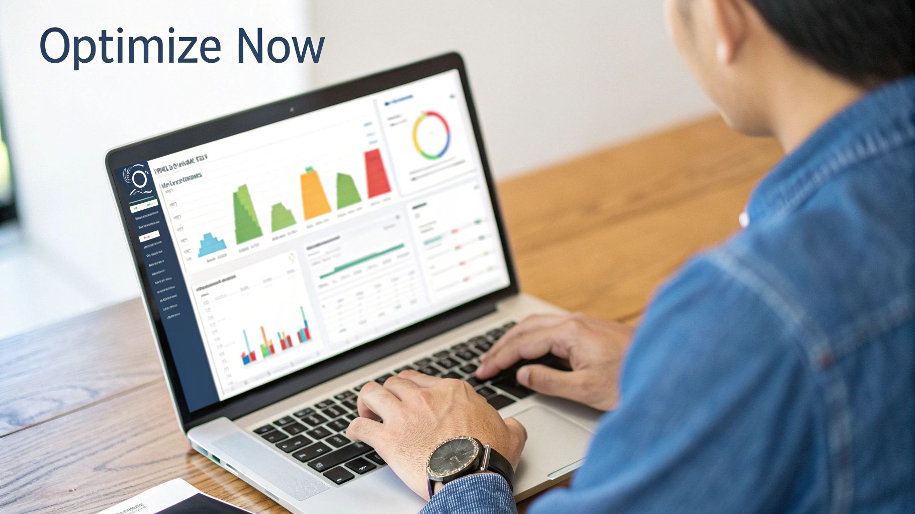 A person viewing a data dashboard on a laptop, showing charts and graphs for optimization.