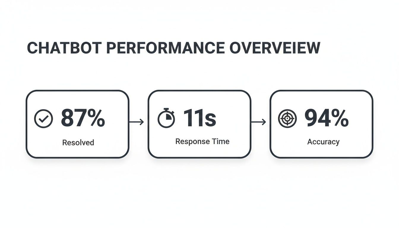 Chatbot performance overview displaying 87% resolved, 11 seconds response time, and 94% accuracy.