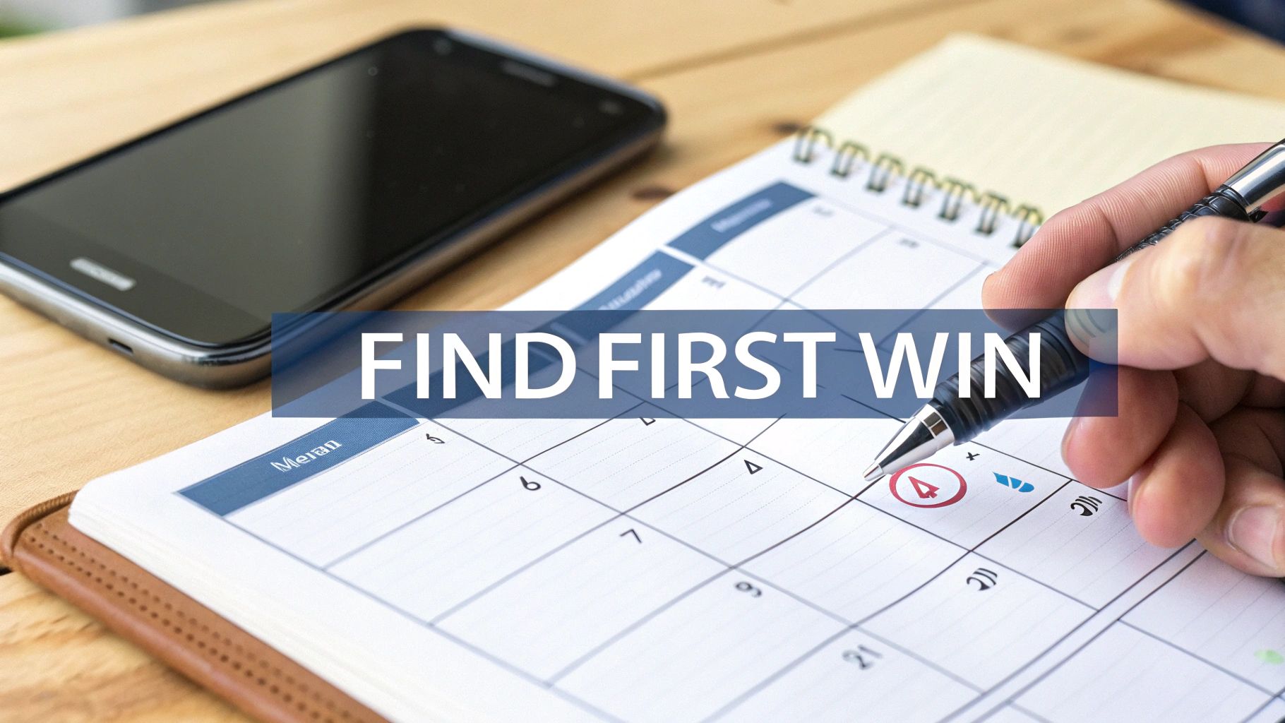 A hand marks a date on a calendar with a pen. 'FIND FIRST WIN' text overlays a desk with a phone.