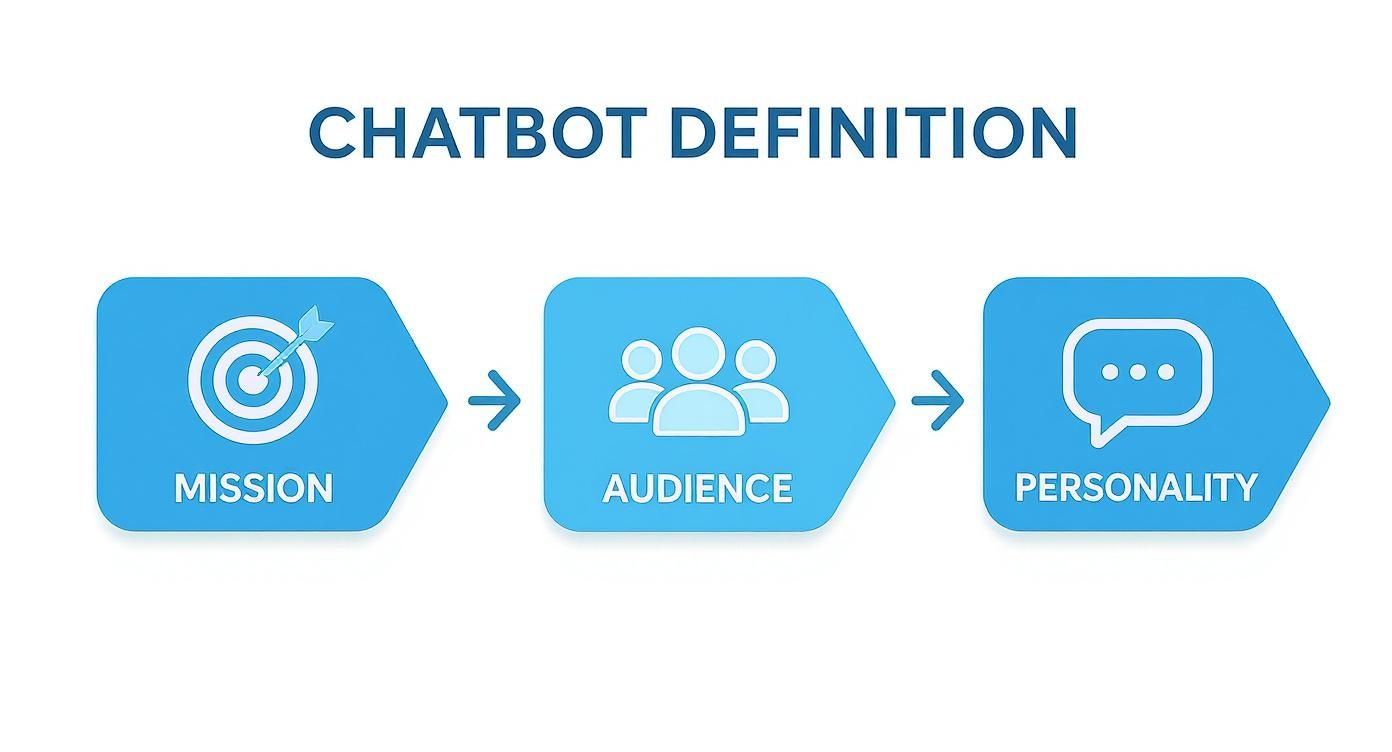 A diagram defining chatbot components: mission (target), audience (people icons), and personality (speech bubble).
