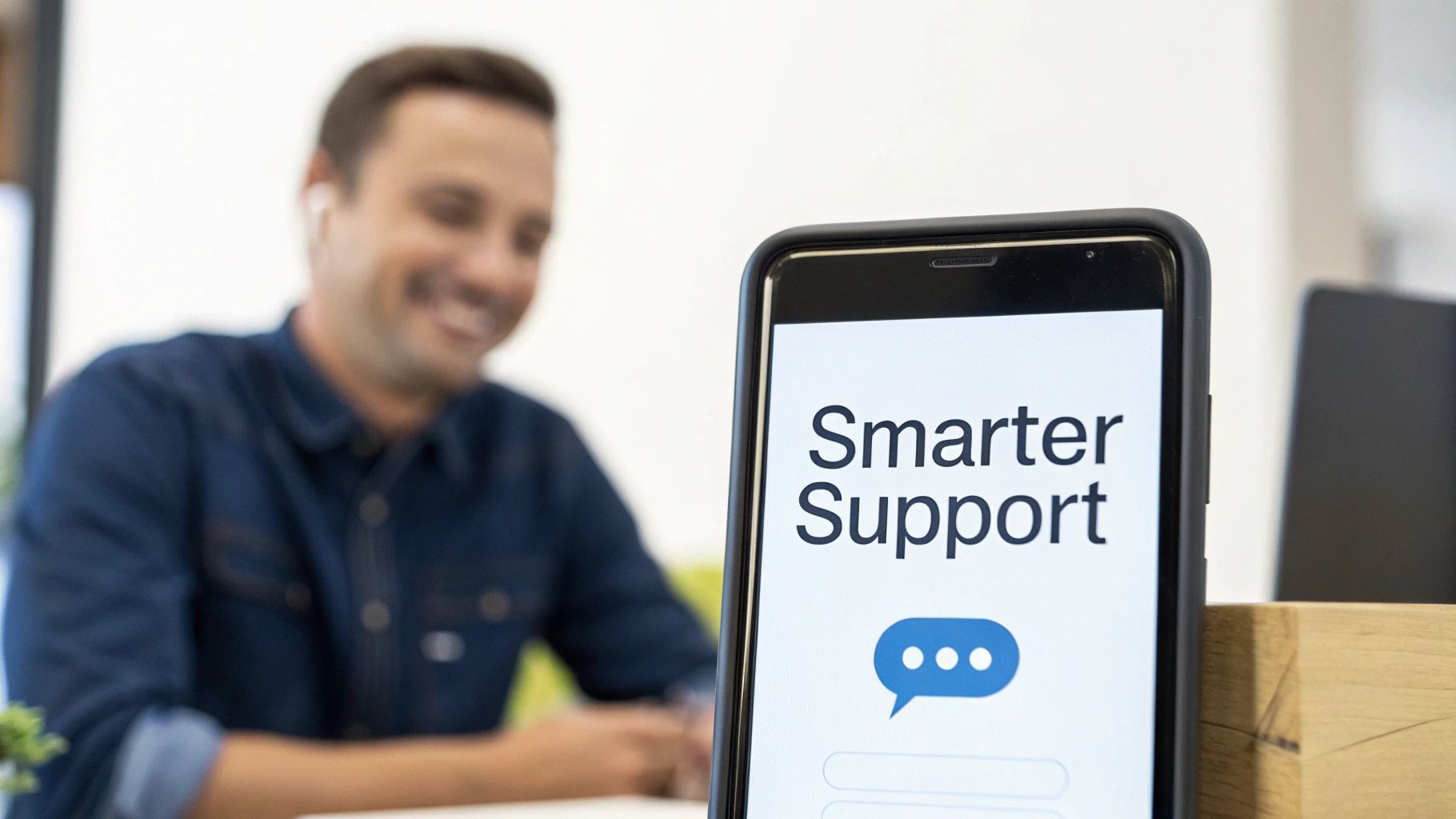 Man smiling while a smartphone shows 'Smarter Support' and a chat bubble for assistance.