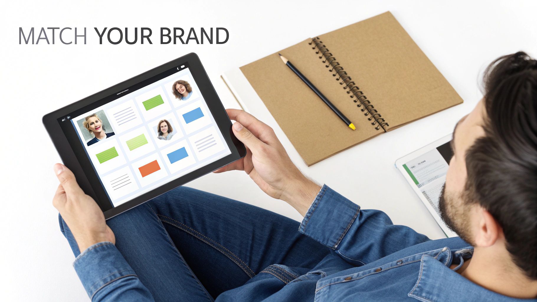 Man holding a tablet displaying a grid of user profiles and colorful content blocks, beside a notebook.