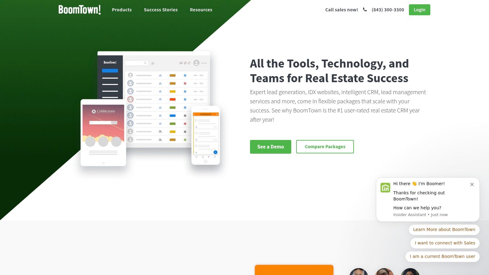 BoomTown CRM dashboard showing lead opportunities and agent activity